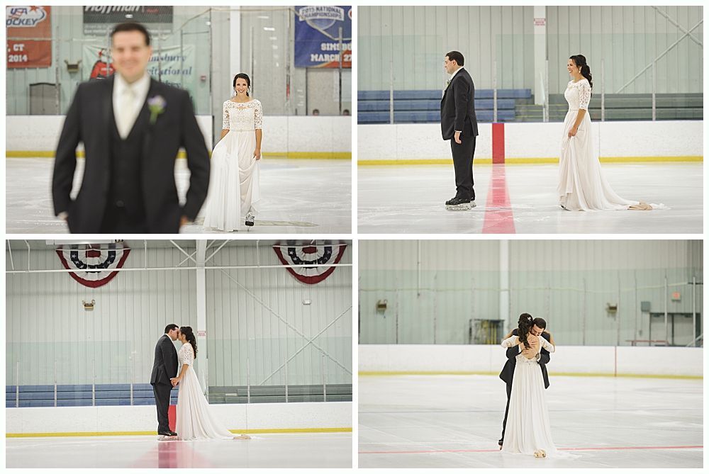 Four-panel image of a couple on an ice rink in wedding attire. They're embracing, skating, and posing for photos.