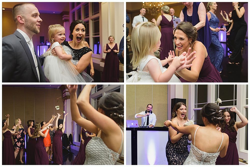 Collage: Wedding reception scenes with dancing, excited guests, and a DJ in a brightly lit room.