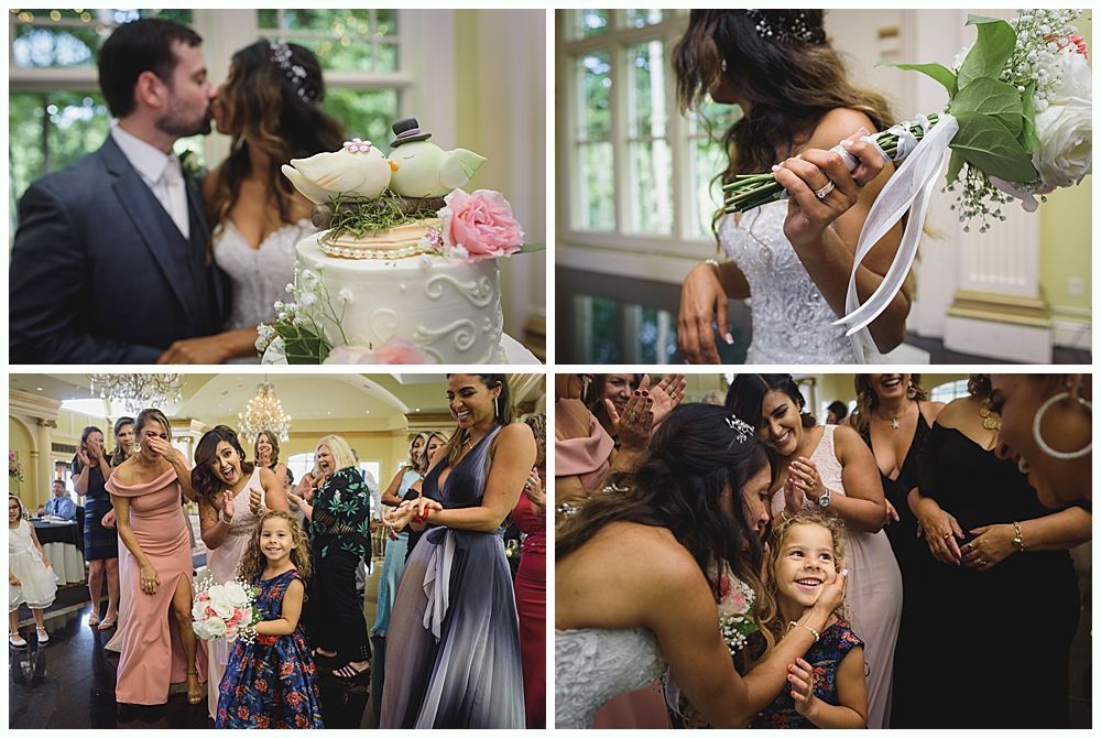 Collage of wedding moments: couple kissing by cake, bride holding bouquet, guests watching, bride hugging child.