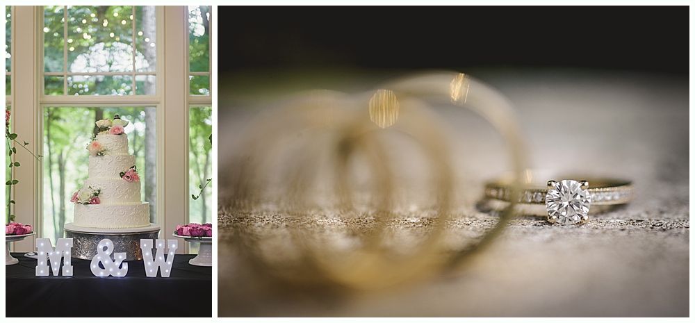 Wedding cake and rings. Cake on table with