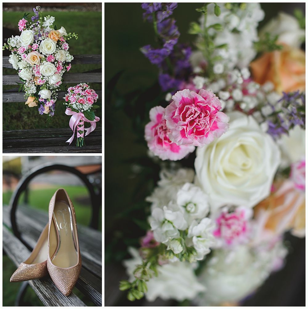 Collage: bridal bouquet with pink and white flowers; gold heels on bench.