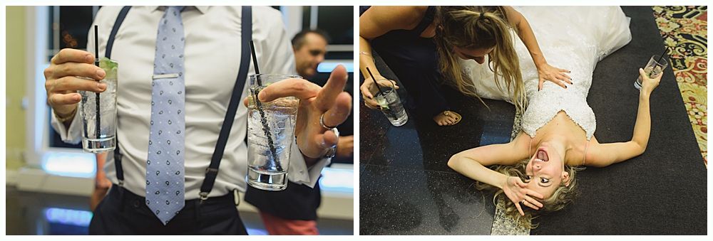 Two photos side-by-side. Man in suspenders holds drinks. Woman in a wedding dress lies on the floor.
