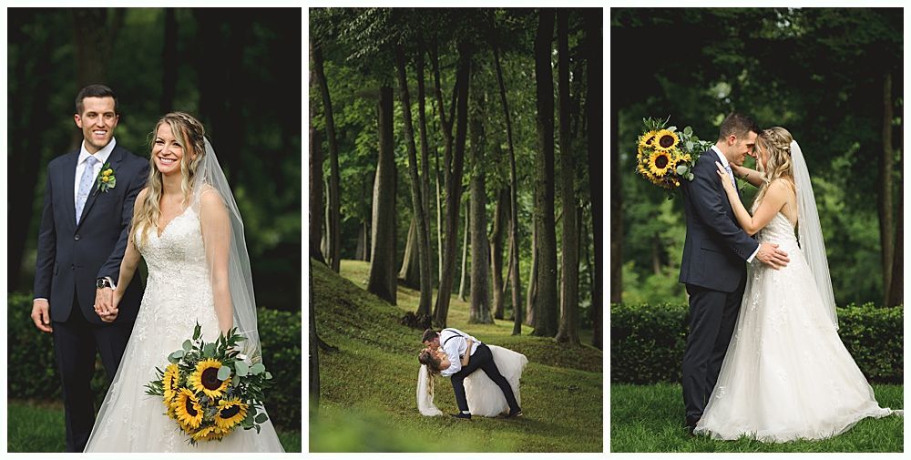 Wedding photos in a forest setting: Couple walking, groom dipping bride, kissing, sunflowers.