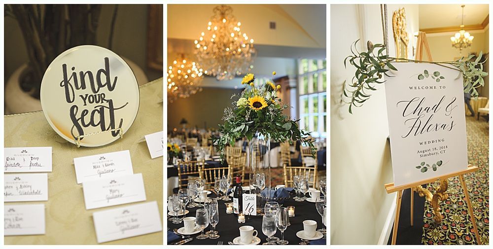 Wedding decor: seating chart, reception tables with floral centerpieces, welcome sign on easel.