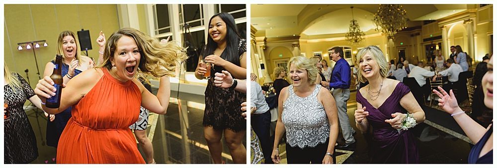 People dancing and smiling at a party, in two separate venues.