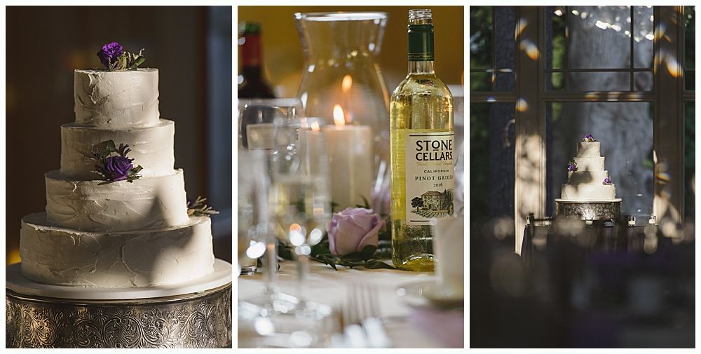 Three wedding-related photos: a tiered cake, a table setting with wine, and a cake through a window.