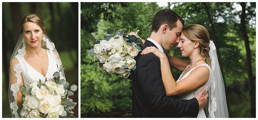 Bride and groom embrace outdoors; she wears a veil and holds a bouquet.