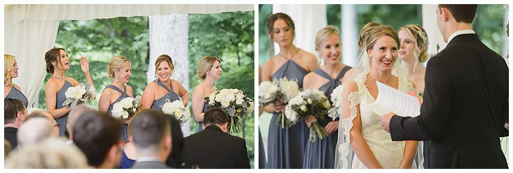 Wedding ceremony: Bride smiles during vows, bridesmaids in grey dresses, officiant reading.