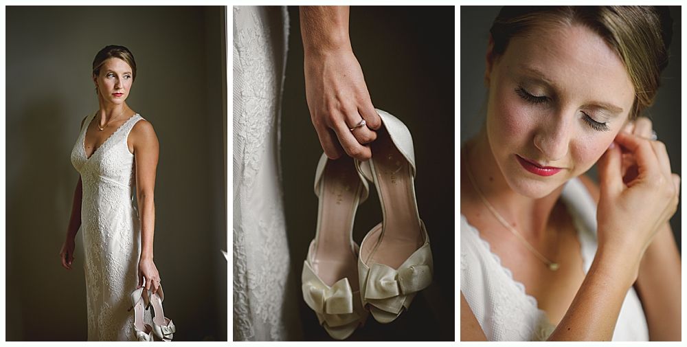 Triptych of a bride. Left: Bride in dress. Middle: Hands holding shoes. Right: Bride putting on earring.