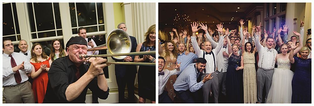 A band member plays a trombone as people clap; a crowd cheers with arms raised at a party.