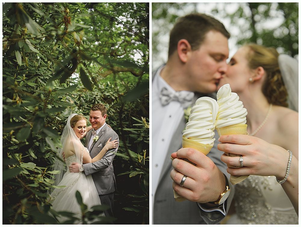 Bride and groom embrace in a green forest; later, they kiss while holding ice cream cones.