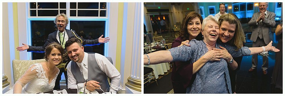 Two photos. A wedding couple poses, arms outstretched. The second photo features a group hugging an older woman.