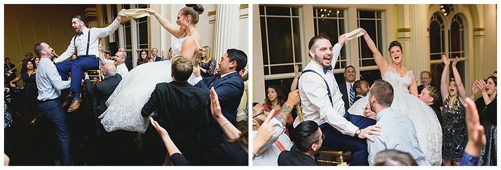 Wedding reception: A bride and groom are lifted into the air by guests.