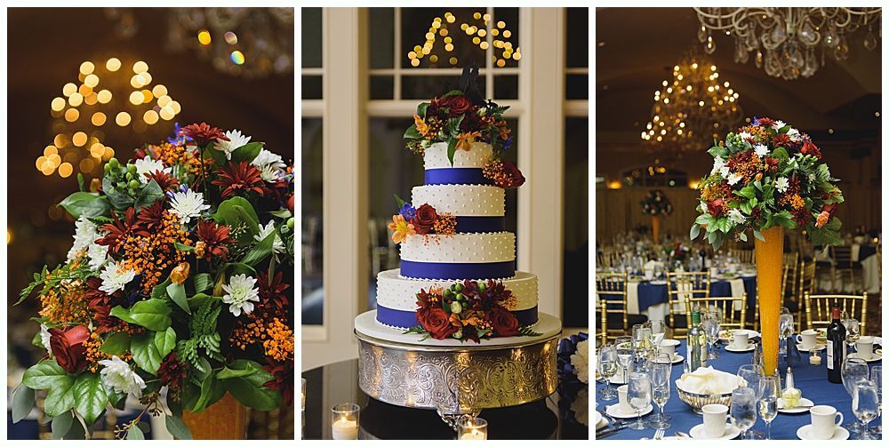 Wedding decorations: flowers, cake, and tables with blue linens.