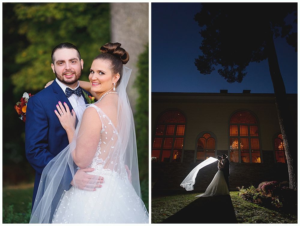 Wedding photos: Couple posing outdoors, bride in veil, groom in suit; night shot of couple with veil.