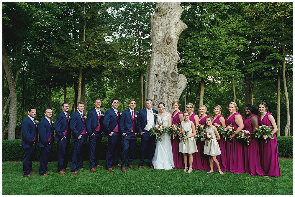 Wedding party posing on grass in front of large tree: navy suits, magenta dresses, bouquets.