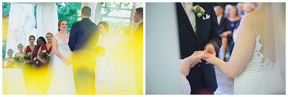 Wedding ceremony: Bride and groom exchanging rings, bridesmaids, officiant. Indoors.