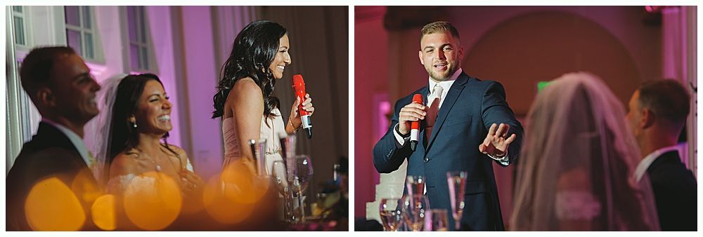 People giving speeches at a wedding reception.