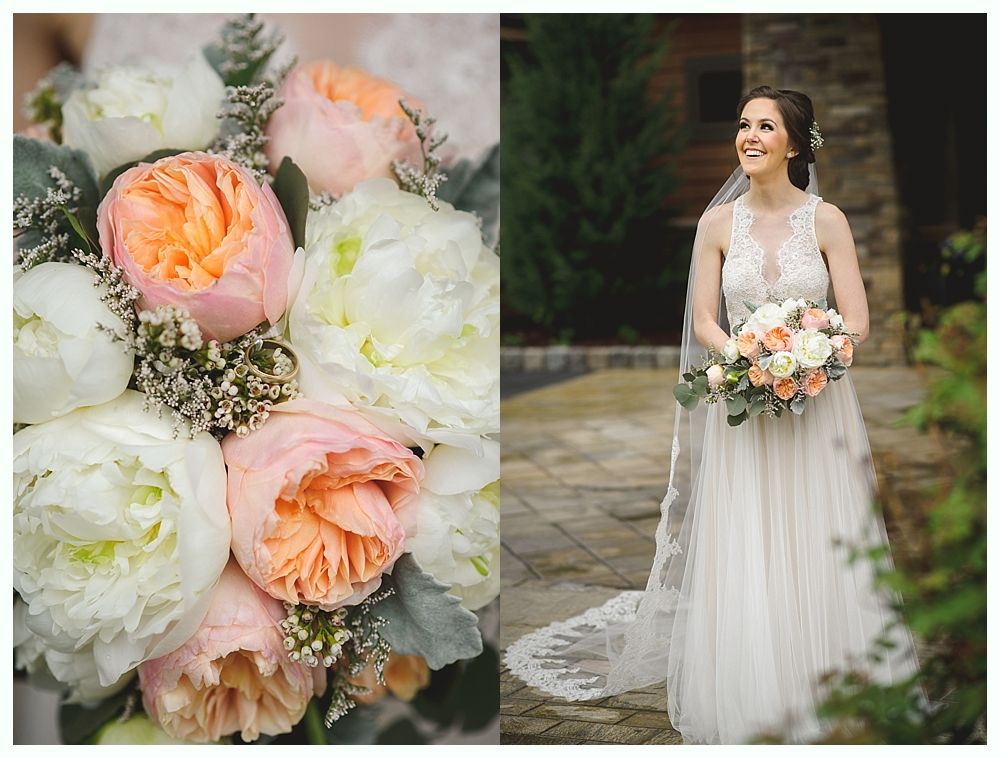 Bride holding bouquet, smiles outdoors. Bouquet of white, peach, and coral peonies.