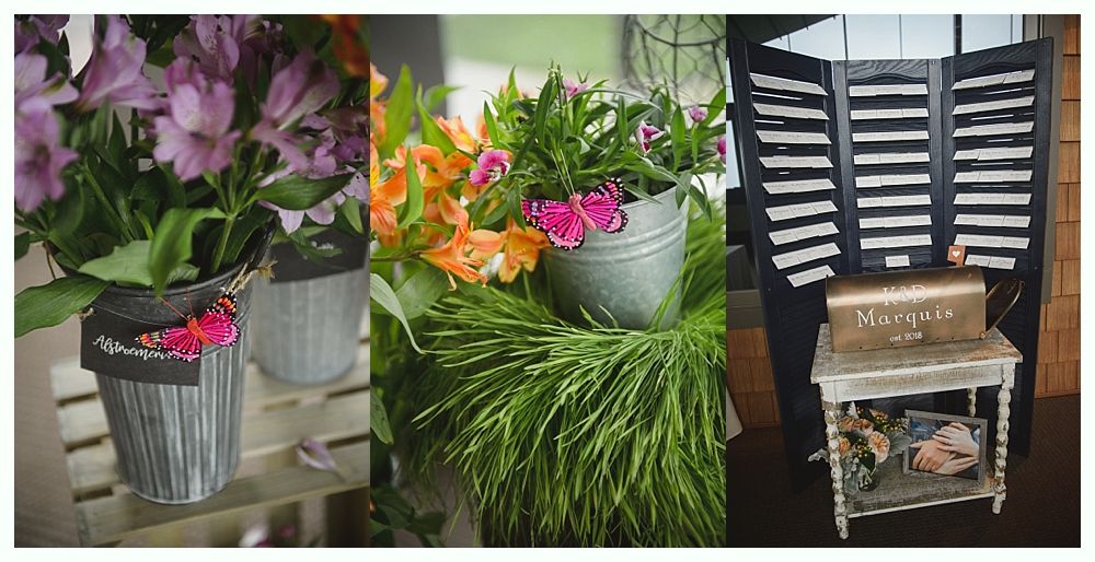 Three decorative arrangements: flowers in metal buckets and a vintage cabinet with a wooden box.