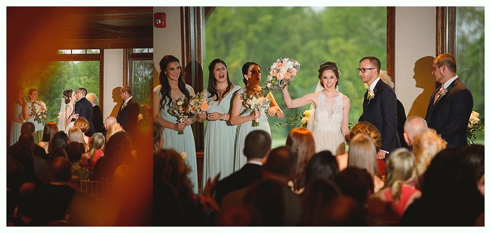 Wedding ceremony: bride throws bouquet, bridesmaids and groom look on, guests seated.