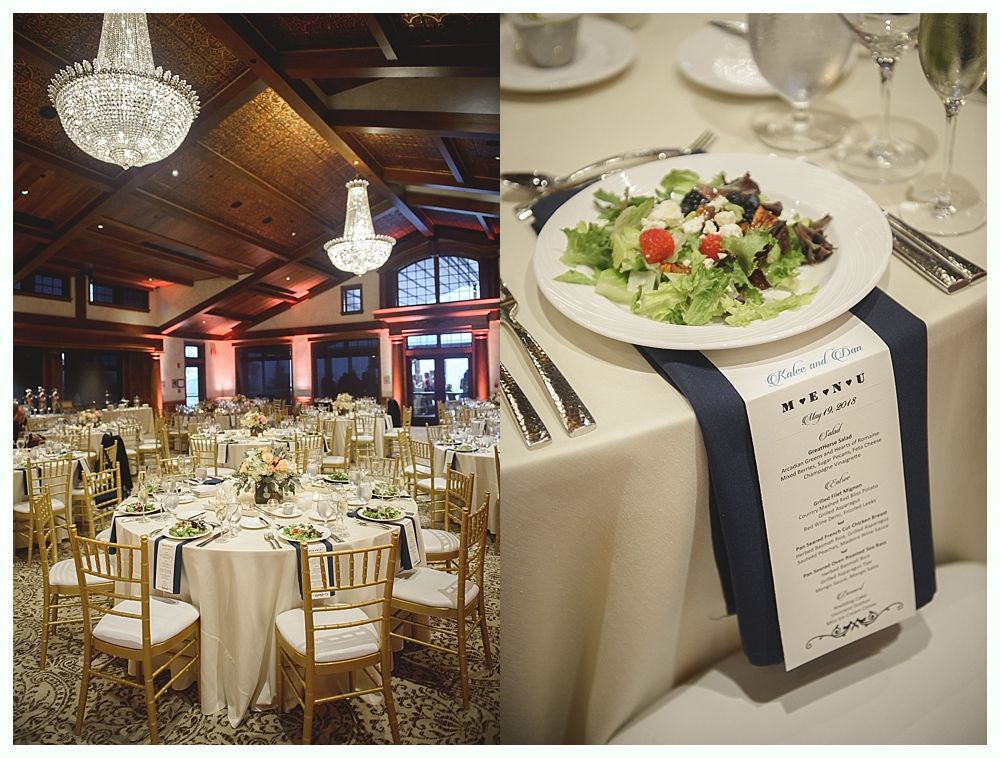 Wedding reception with round tables, salad on plate with a menu.