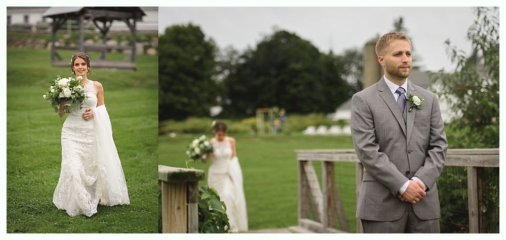 Bride approaching groom on a bridge; groom in gray suit awaits, outdoor wedding.