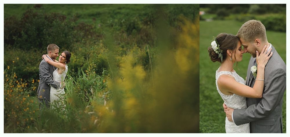 Wedding couple embracing in field and on grass; romantic, tender moments.