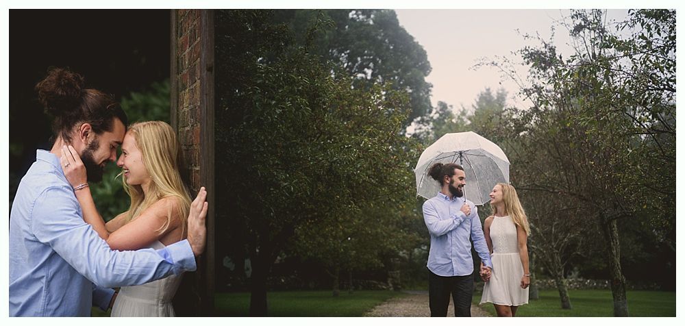 A couple, embracing by a tree, and another couple with an umbrella, walking together outdoors.