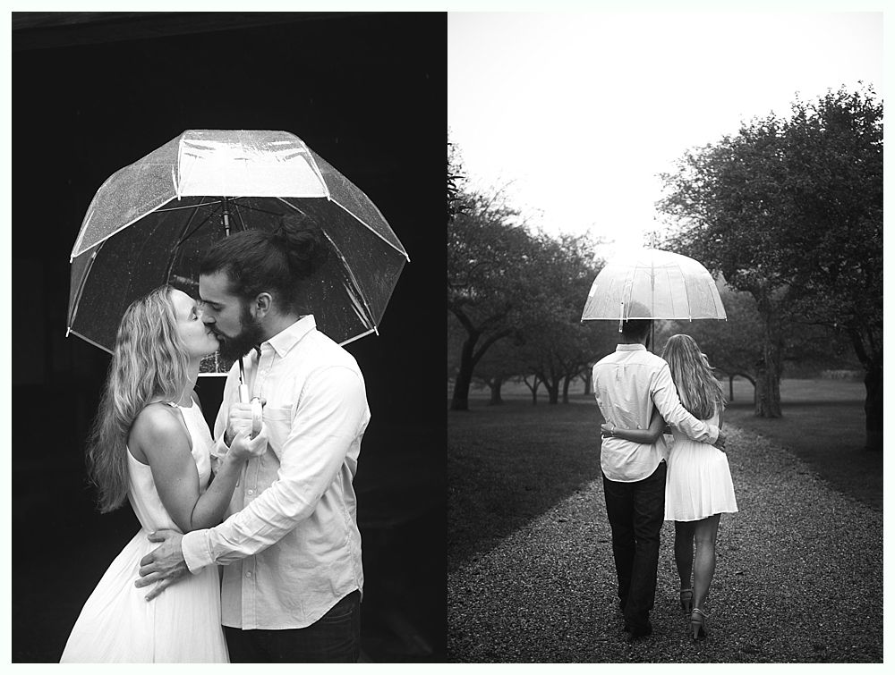 Two black and white photos: couple kissing under an umbrella; couple walking arm-in-arm down a path under an umbrella.