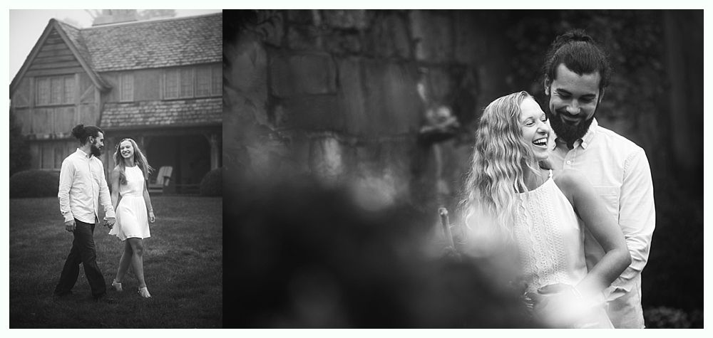 Couple laughing, holding hands in front of a rustic building. Another photo of the couple close up, also laughing.