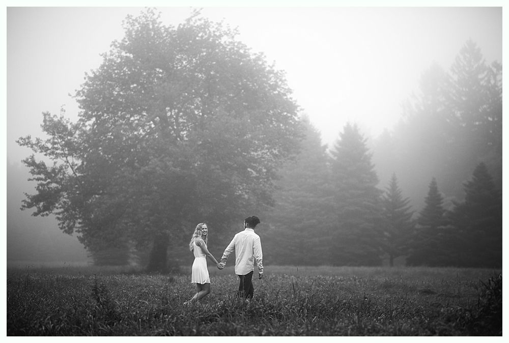 Couple holding hands, walking through misty field near a large tree.