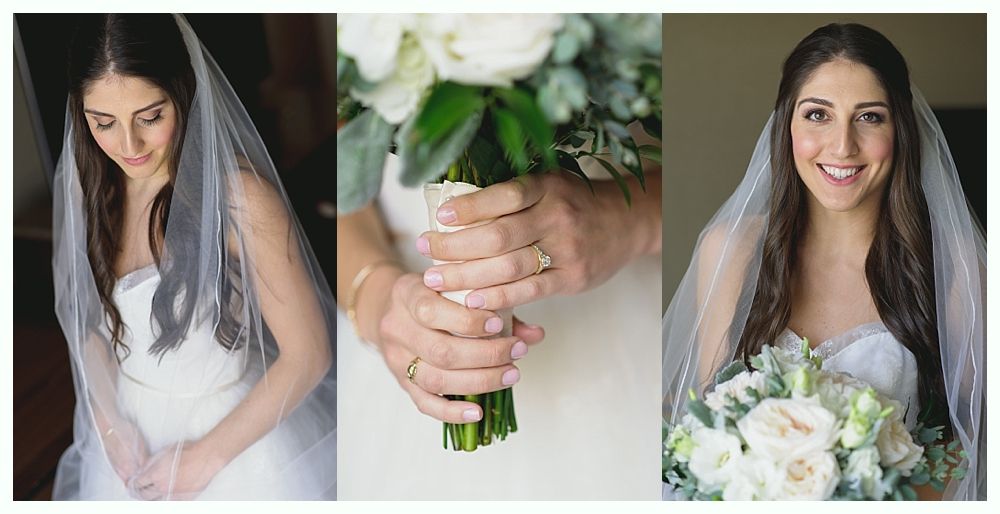 Bride holding bouquet, wearing a veil and strapless wedding dress.