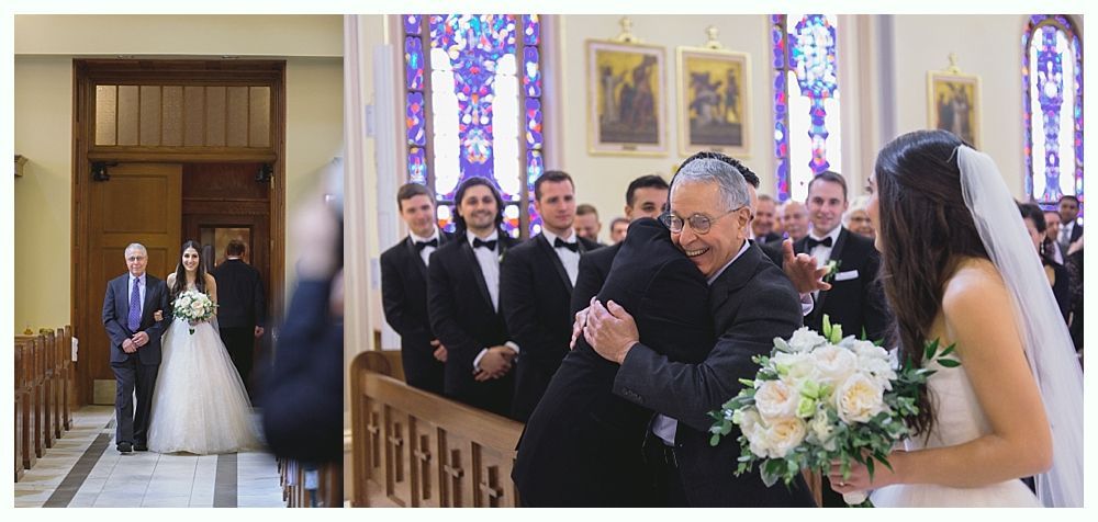 Bride walking down the aisle with her father, church ceremony.
