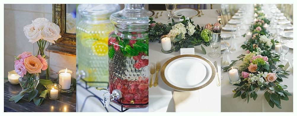 Wedding decor: floral arrangements, beverage dispensers, tables set with white plates, candles.