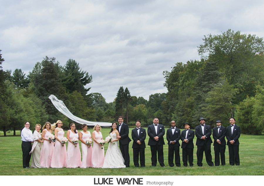 Wedding party posing outdoors on a cloudy day. Bride and bridesmaids in pink, groom and groomsmen in black tuxedos.