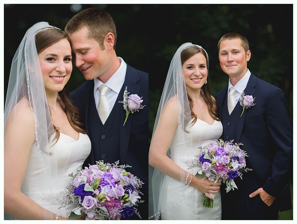 Bride with arms up, making a funny face, groom looking at his hand, cake cutting in background.