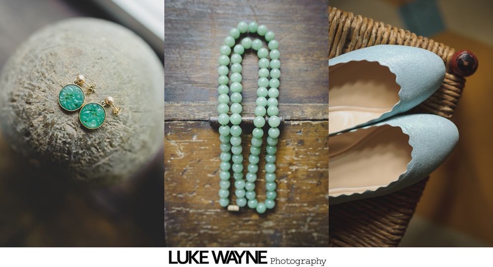 Wedding details: brown leather bracelet with earrings, book with bracelet, white heels.