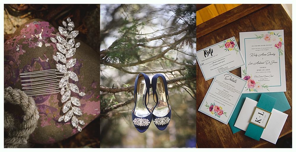 Wedding accessories: bracelet, floral headpiece, earrings. Dress hanging on a tree.