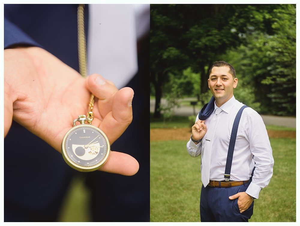Bride surprises flower girl; bridesmaids watch, laughing; outdoor setting.