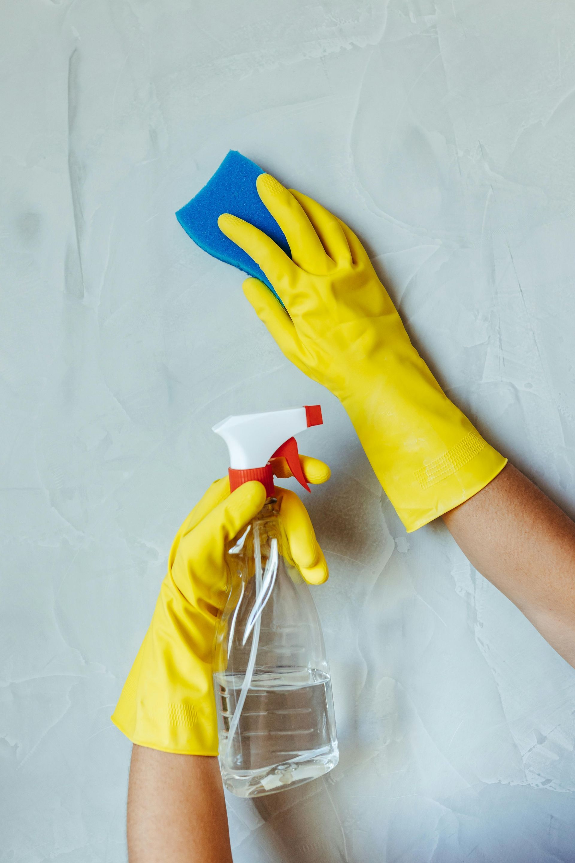 Person in yellow gloves spraying cleaning solution onto a gray wall, then wiping with a blue sponge.