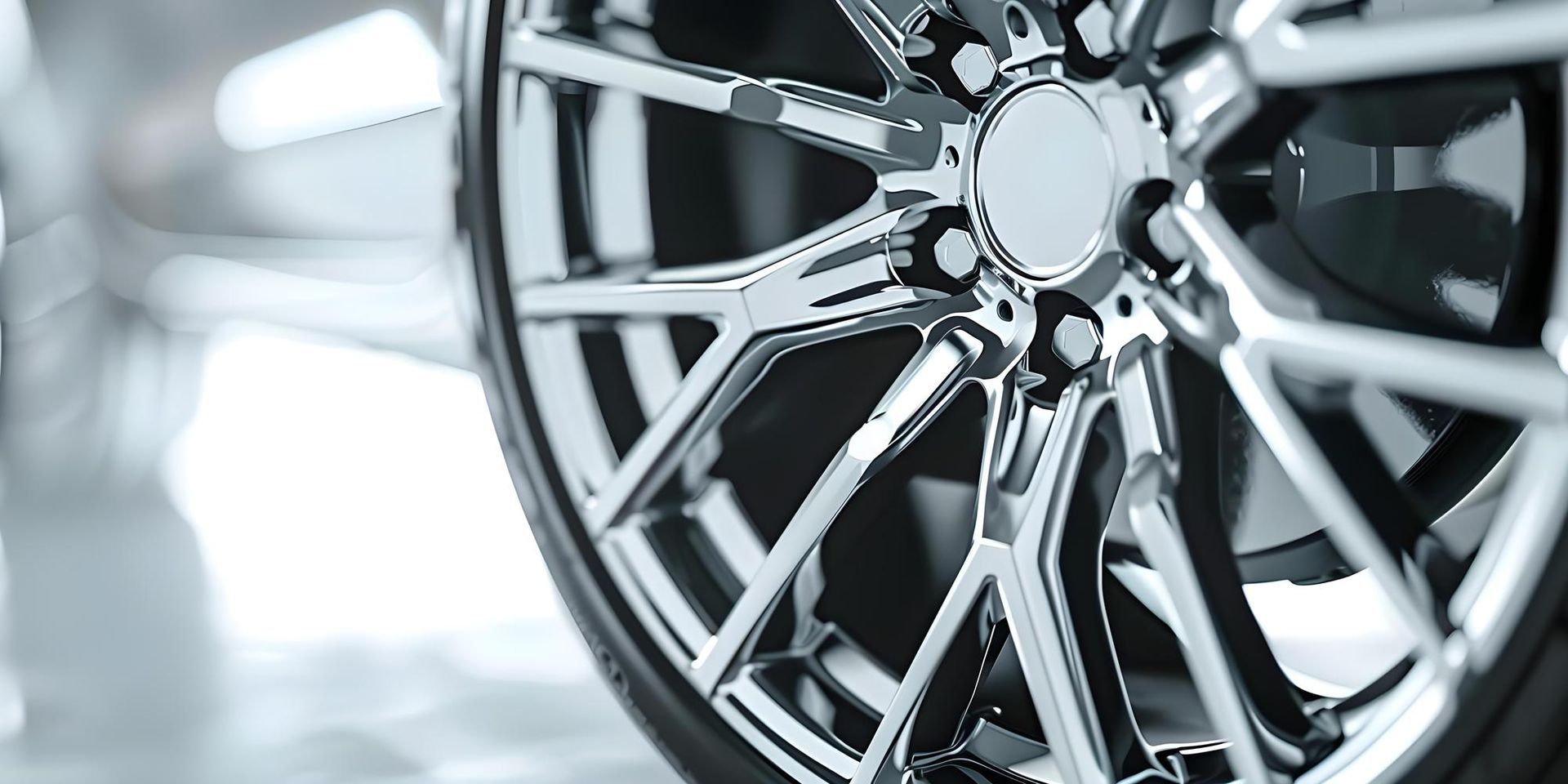 Close-up of a shiny chrome car rim, with a focus on the intricate spoke design.