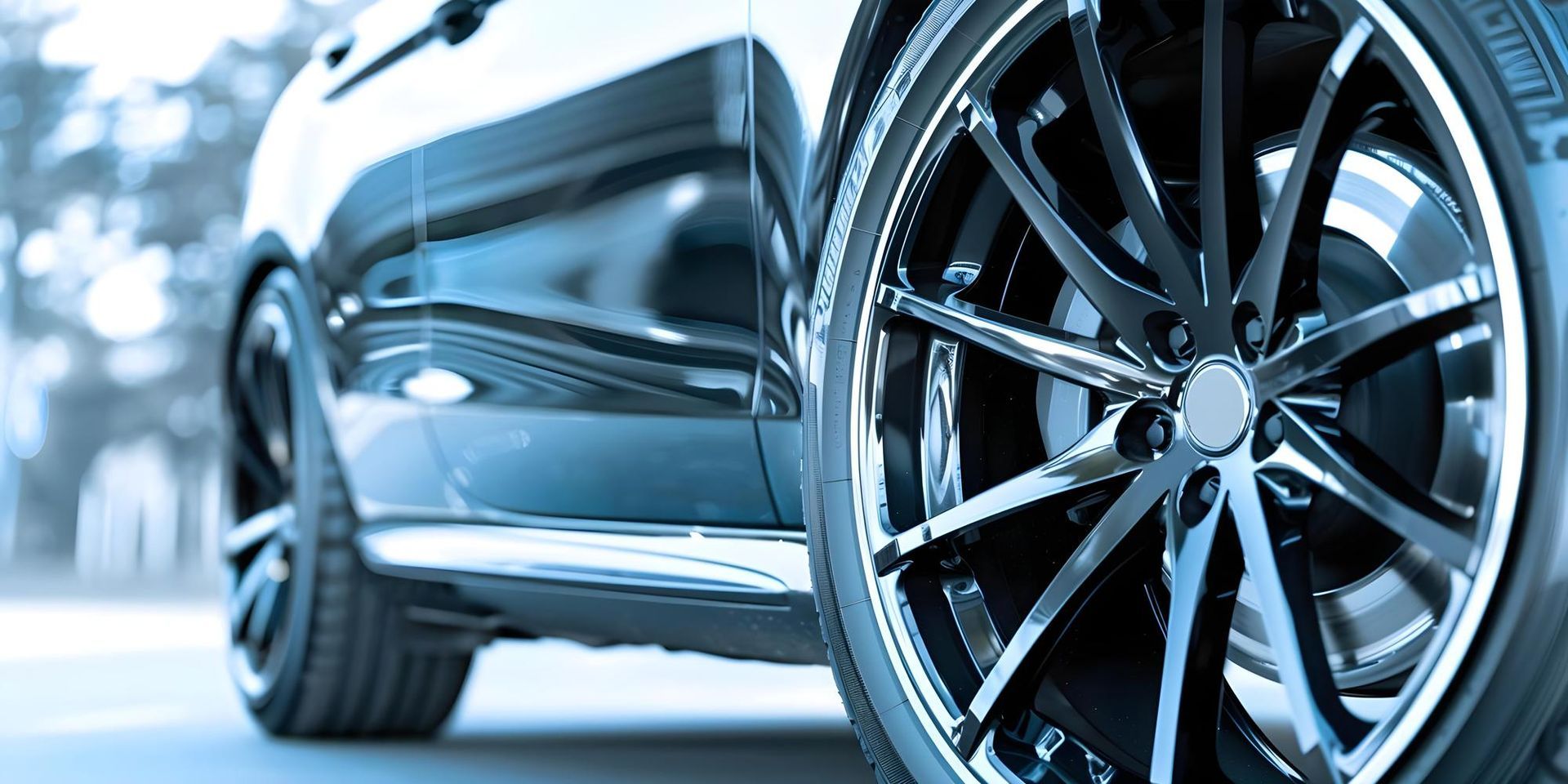 Close-up of a black car wheel with a glossy finish.