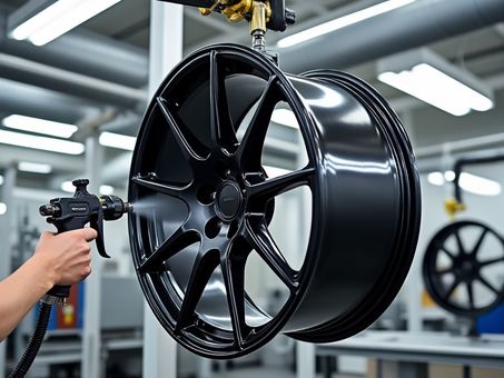 A person is spraying paint on a wheel in a factory Canvey Island Essex