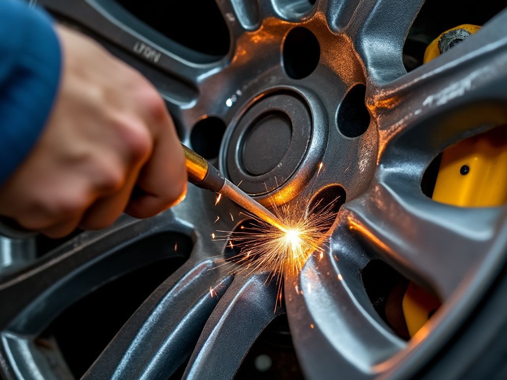 Person welding a gray car wheel, sparks flying. Yellow brake caliper visible.