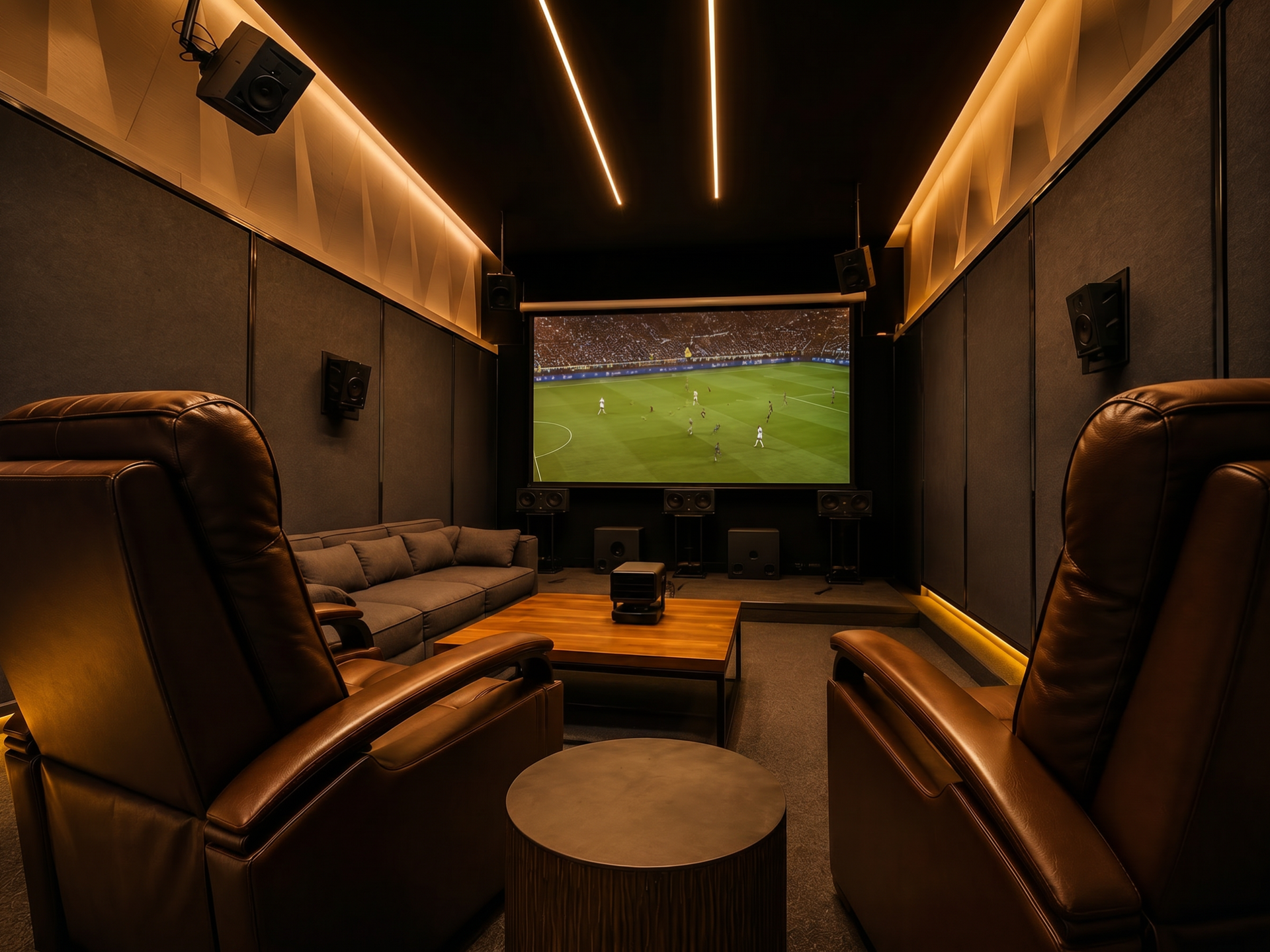 Sala de cine privada de Casa Eusebio con iluminación cálida y pantalla de proyección