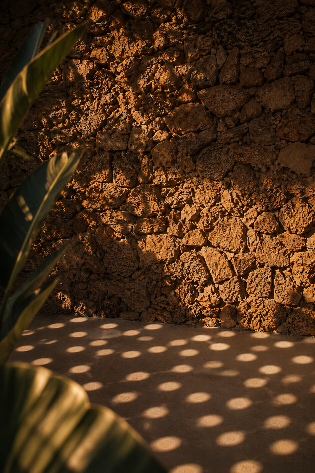 Detalle de piedra, luz, celosía y sombra en Casa Eusebio