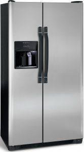 A stainless steel refrigerator with two doors and a water dispenser