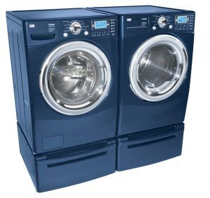 Two blue washers and dryers are stacked on top of each other on a white background.