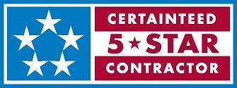 CertainTeed 5-Star Contractor logo with blue stars and red text on a white and blue background.